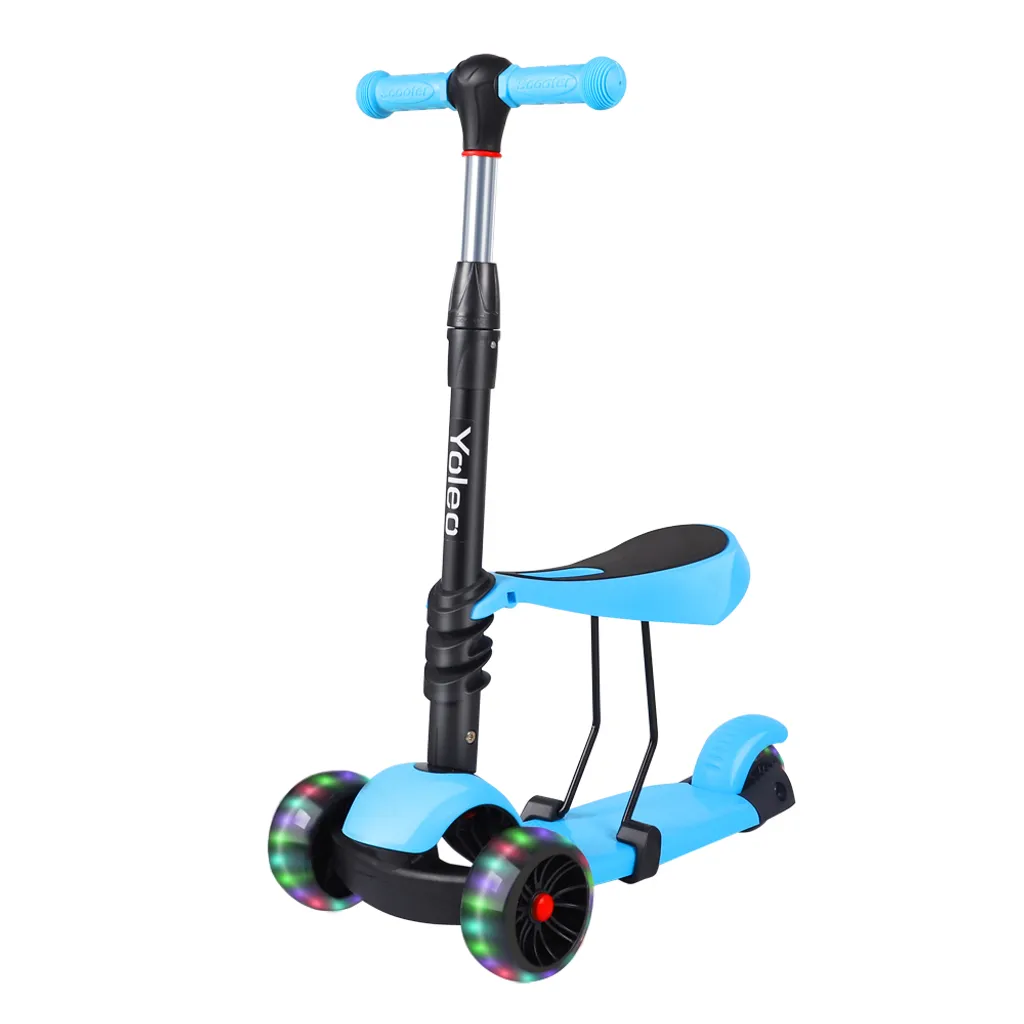 Yoleo 3-in-1 Kinder Roller Scooter mit Abnehmbarem Sitz, LED große Räder, Höheverstellbaren Lenker für Kleinkinder Jungen Mädchen ab 2 Jahre (Blau)